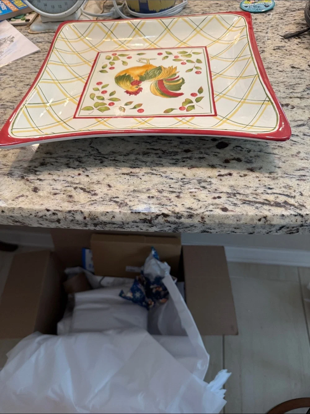 Royal Daulton 13” Rooster Square Serving Platter in Red, Yellow, Green